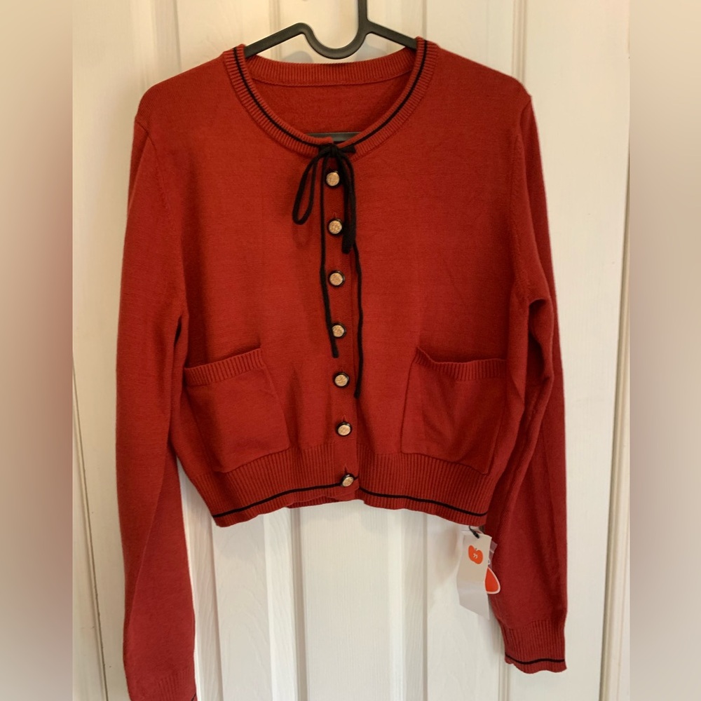 Cider Red and Black Cardigan with Gold Buttons,medium preppy,classic,old money